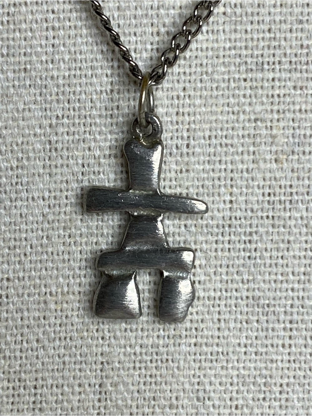 Vintage Pewter Pendant Necklace Inuit Symbol Brushed Canada Inukshuk Silver Tone
